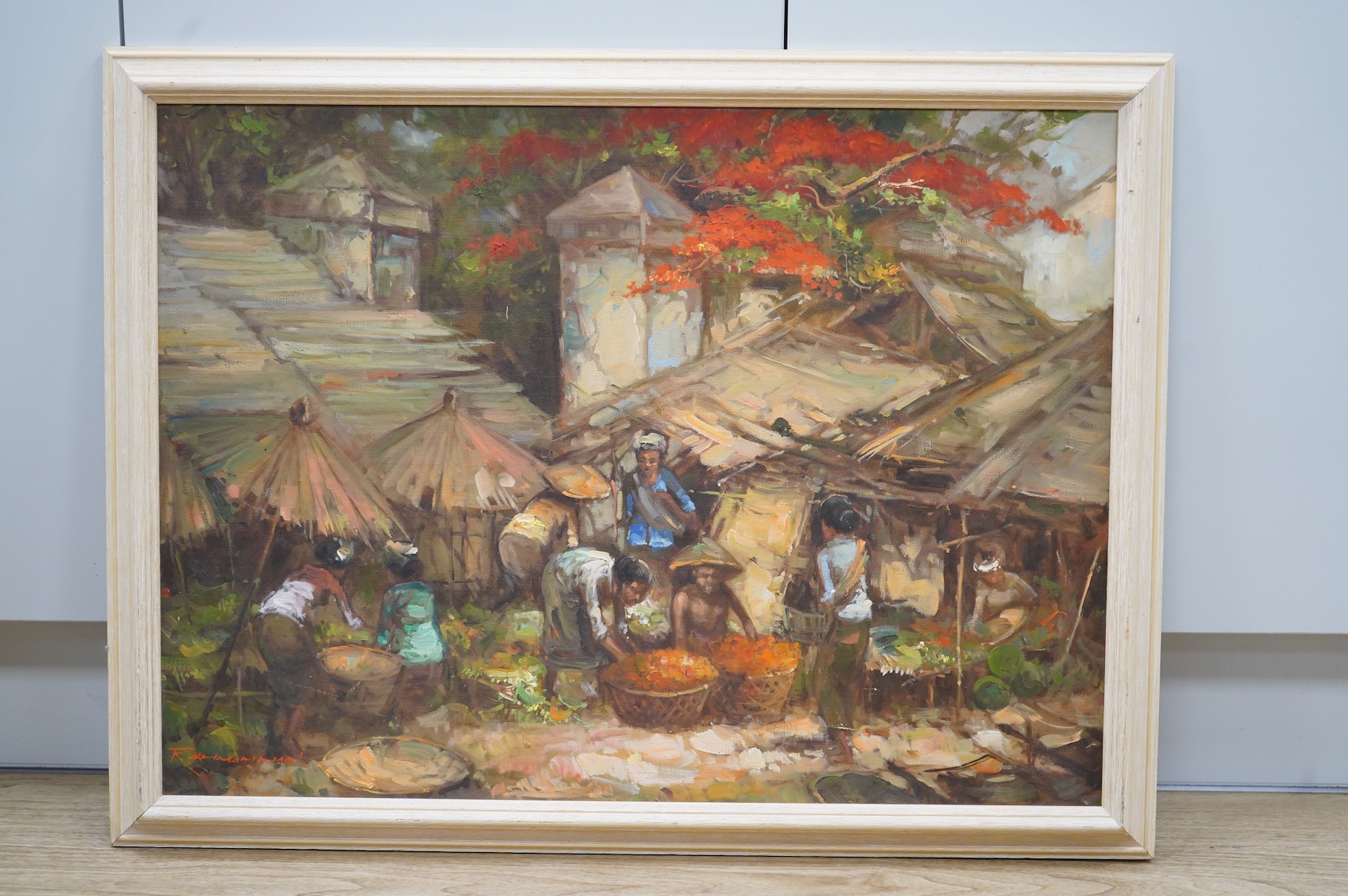 Vietnamese school, Market scene with figures, indistinctly signed lower left, oil on canvas board, 52 x 71cm